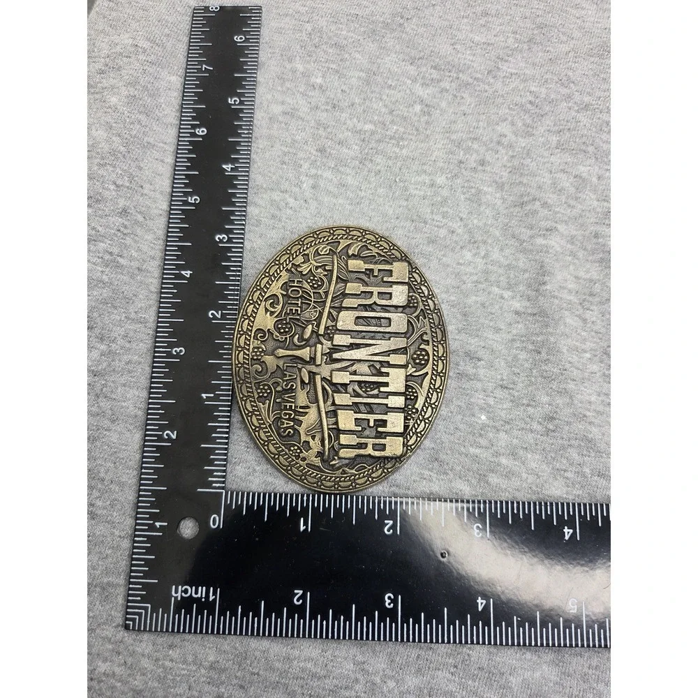 Vintage 1970s Frontier Hotel Las Vegas Solid Brass Belt Buckle Casino Souvenir